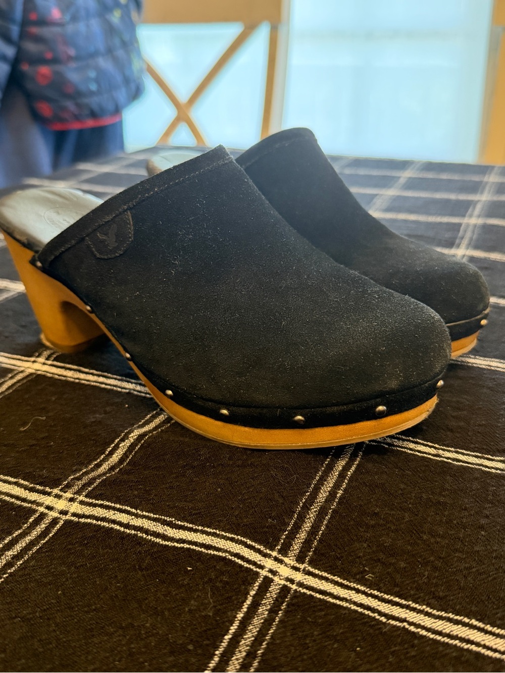 American Eagle Outfitters Black Suede Clog Mules with Tan Wood Heel